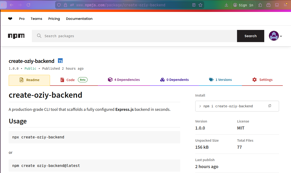 create-oziy-backend ( NPM Package )